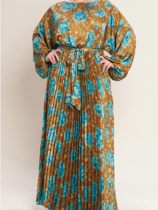 Flying Tomato Dresses & Skirts - Floral Pleated Maxi Dress in Mustard and Teal